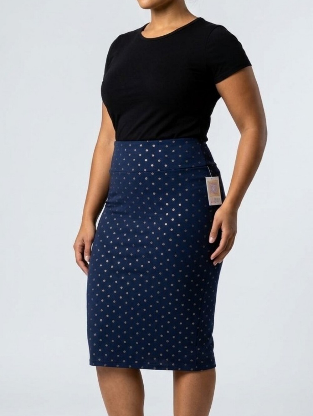 LuLaRoe Navy Blue Gold Metallic Foil Polka Dot Pencil Skirt Size XL NWT Cassie
